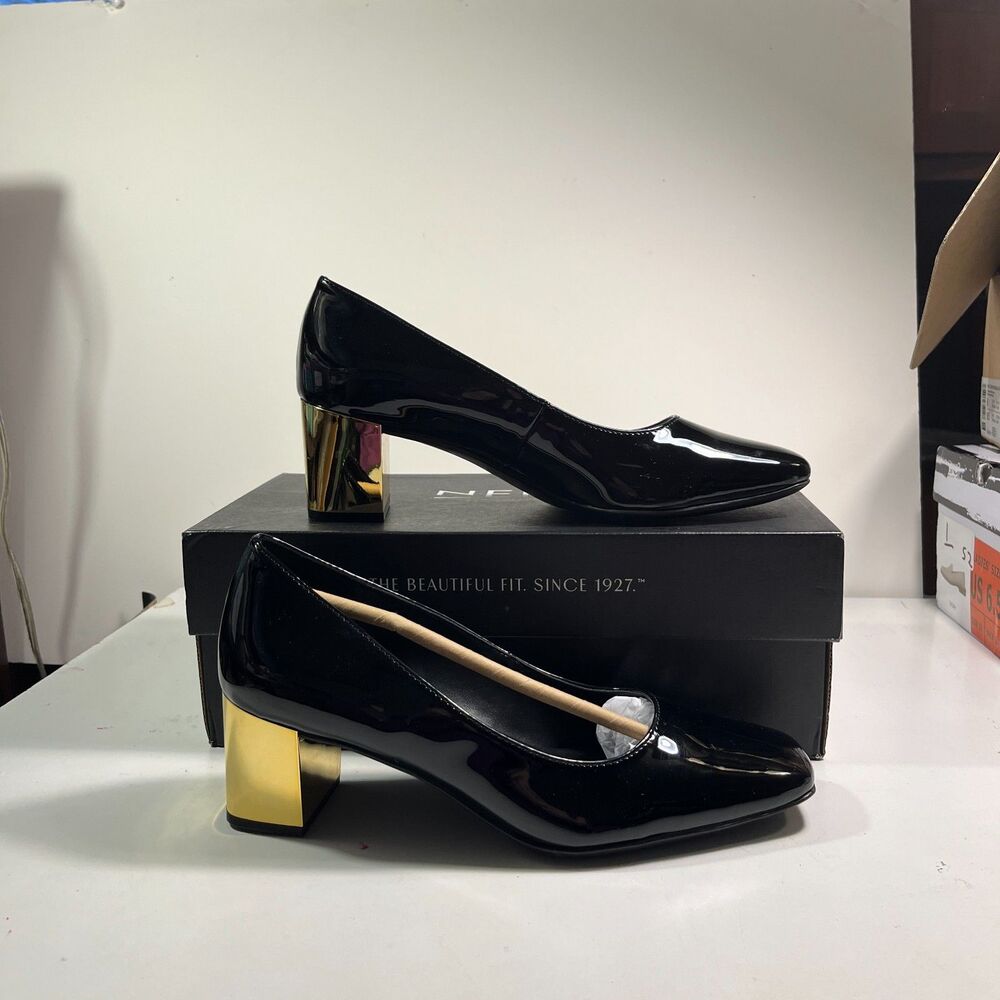 Naturalizer New Black Patent Leather Gold Heels Pumps SZ 7W
